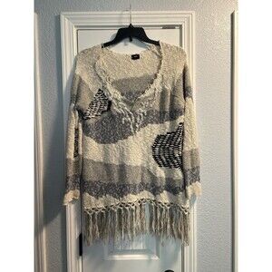 Fate Tunic Sweater Womens Size Medium Cream Black Fringe Boho V-Neck Knit